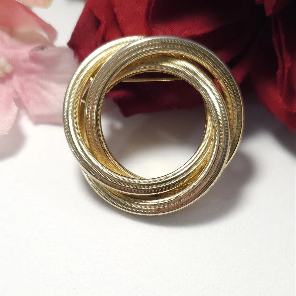 Vintage Gold Tone Triple Circle Braided Brooch Statement Brooch